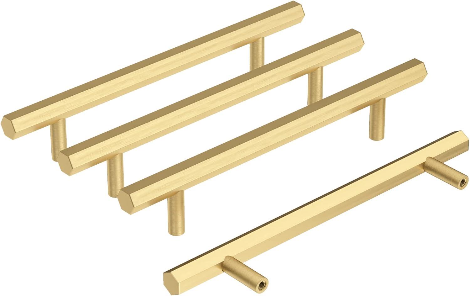 RZDEAL 4 Pcs 5 Inch Solid Brass Pull Kitchen Cabinet Handles Brushed Gold Decorative Contemporary Hexagon Bar Cabinet Pulls (Hole Centers:5.0"(128mm))