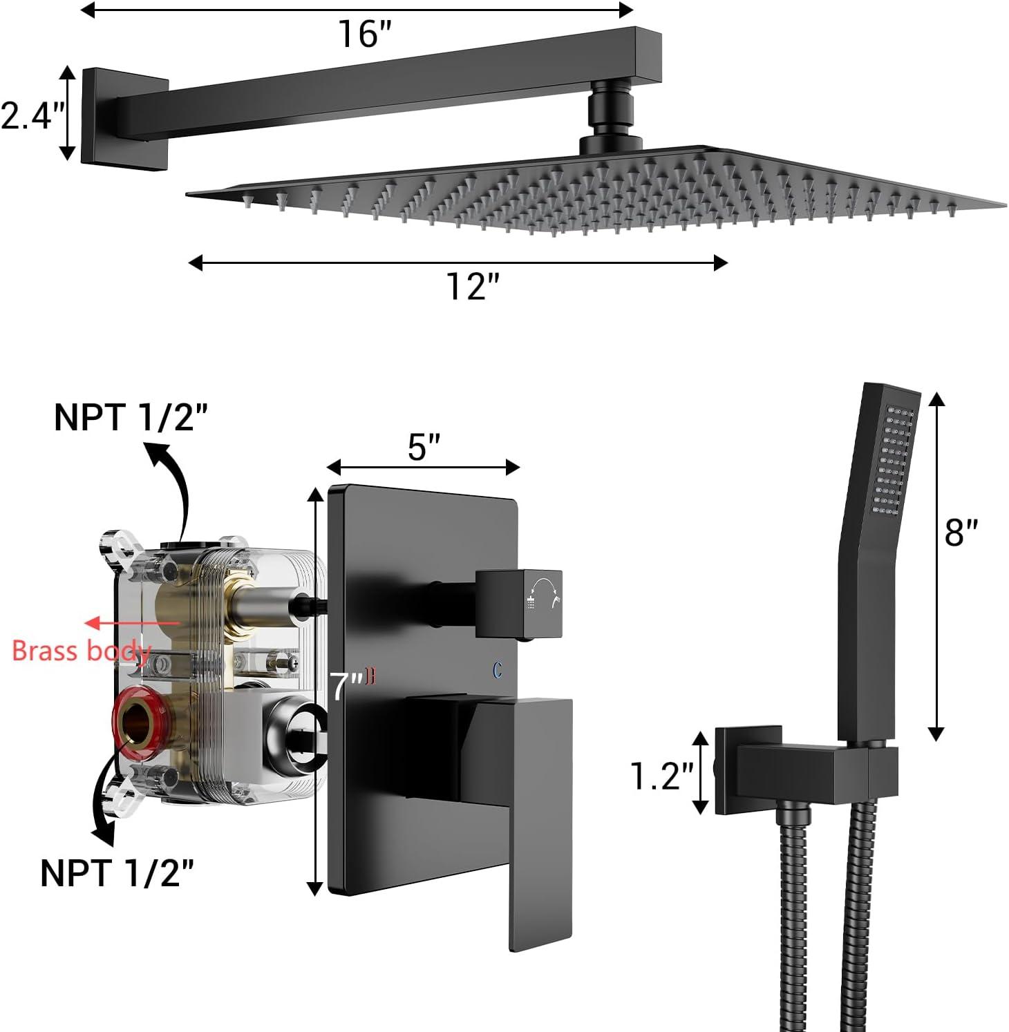 Bathroom Shower Faucet Set, 12 Inch Rainfall Shower Head With Handheld Combo, Wall Mounted Shower System Shower Fixtures With Pressure-Balanced Valve,