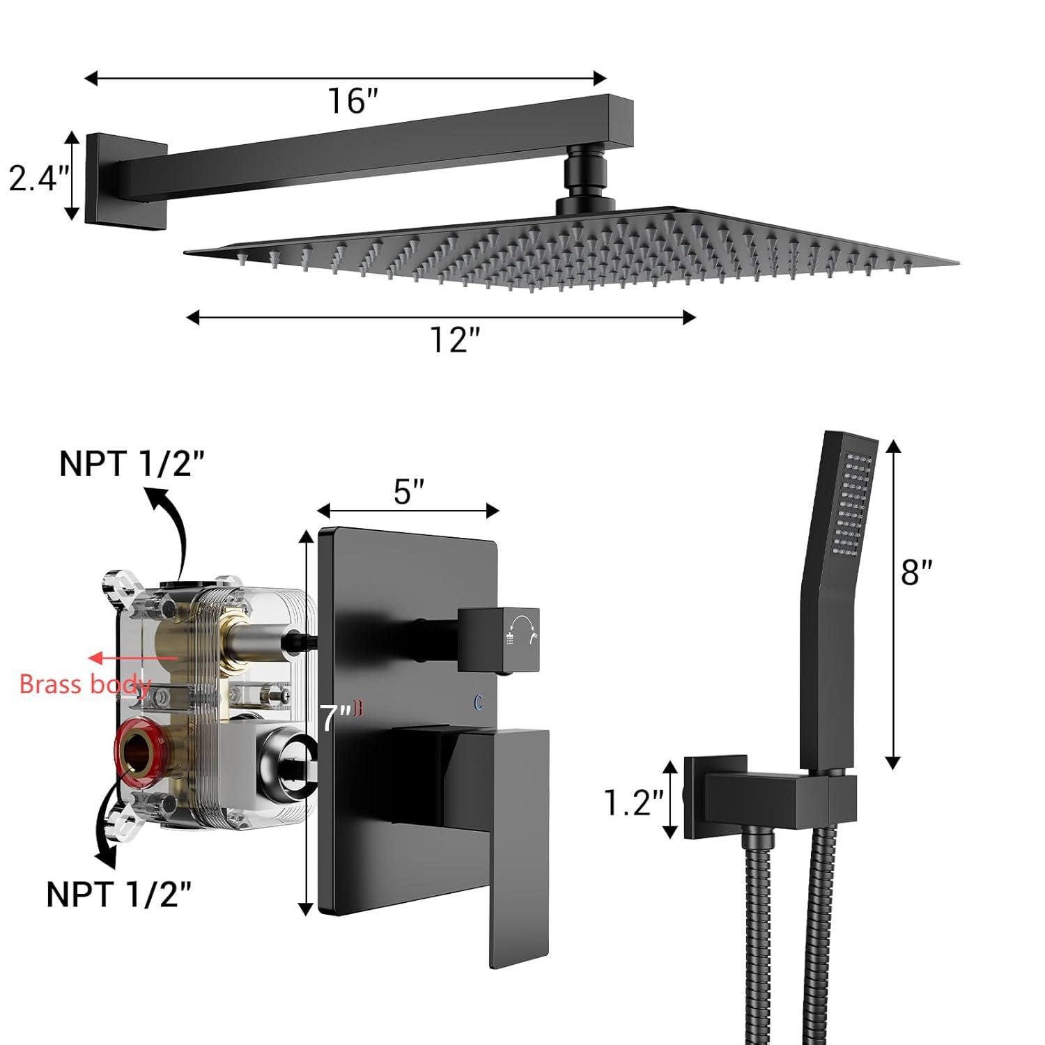 Bathroom Shower Faucet Set, 12 Inch Rainfall Shower Head With Handheld Combo, Wall Mounted Shower System Shower Fixtures With Pressure-Balanced Valve,