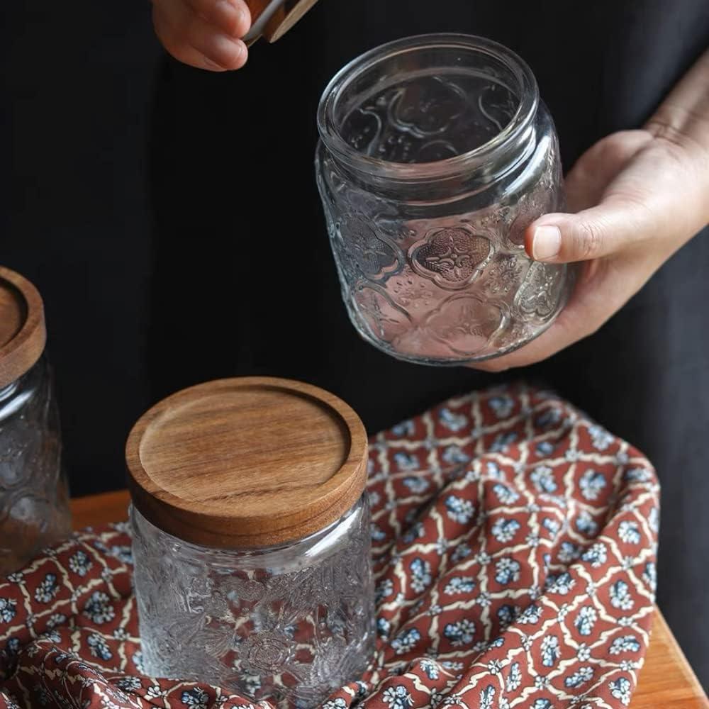 Set of 4 Clear Embossed Glass Storage Jars with Bamboo Lids