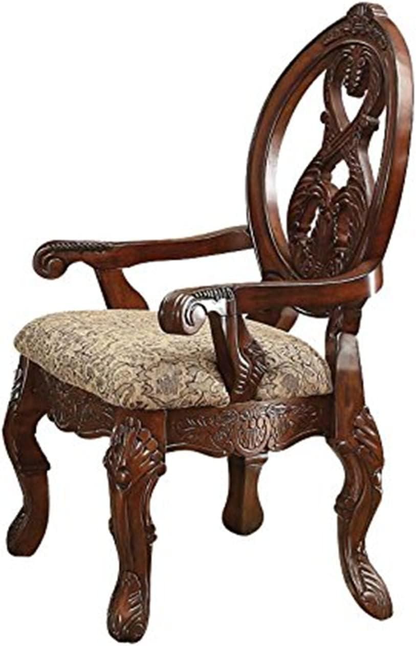 Elegant Beige Floral Carved Wood Dining Arm Chair, Set of 2