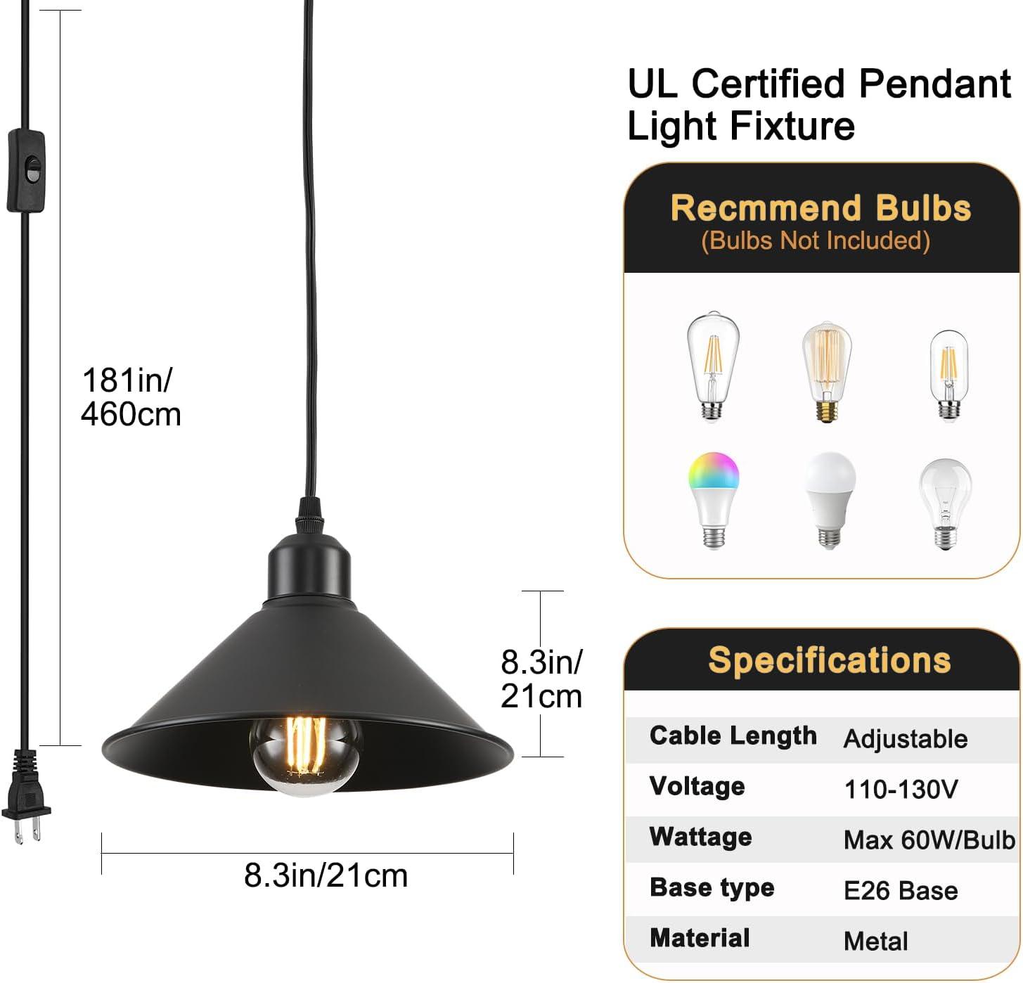 2-Pack Black Pendant Lights, 11.81'' Modern Pendant Lights Kitchen Island, Dome Large Pendant Light for Dining Room Foyer Bedroom Entryway Hallway Light Fixtures