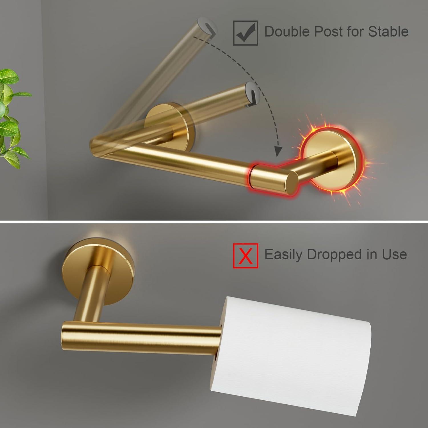 MOGFCT Toilet Paper Holder Brushed Gold Wall Mounted, Double Post Pivoting Toilet Paper Holder SUS 304 Stainless Steel Bathroom