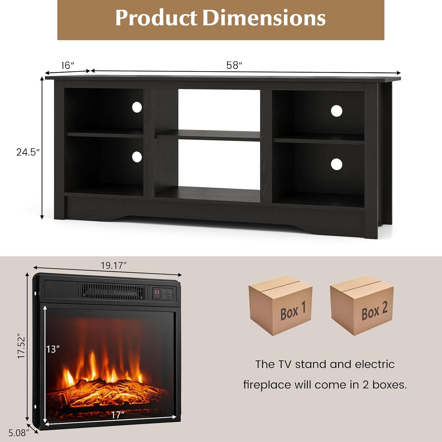 Black MDF TV Stand with Fireplace and Adjustable Shelves