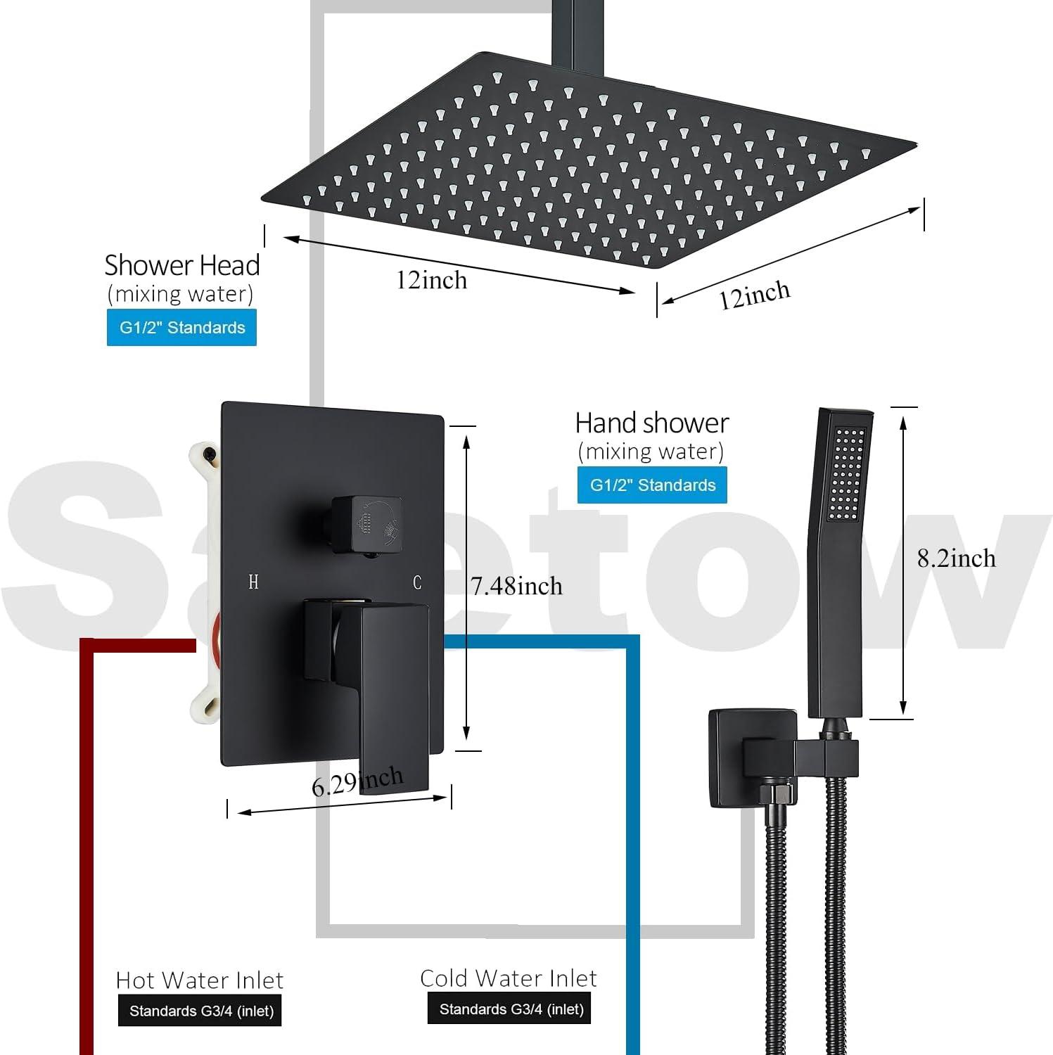 12" Ceiling Mounted Shower Head Pressure Balancing Rain Shower System with Rough-in Valve and Trim Kit