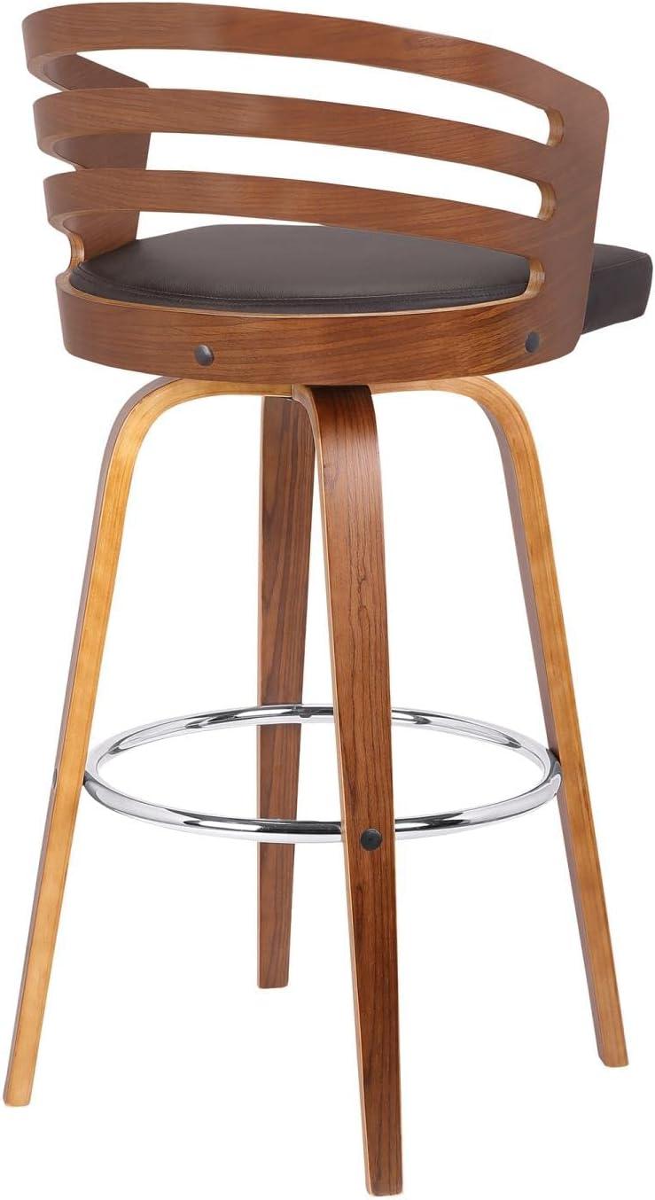 Mid-Century Walnut Swivel Stool with Brown Faux Leather