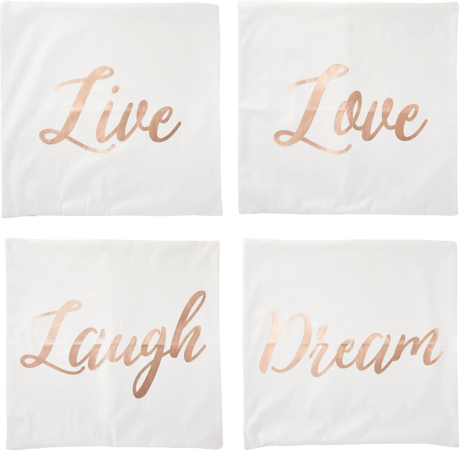 Set of 4 White Cotton Pillow Covers with Rose Gold Inspirational Phrases