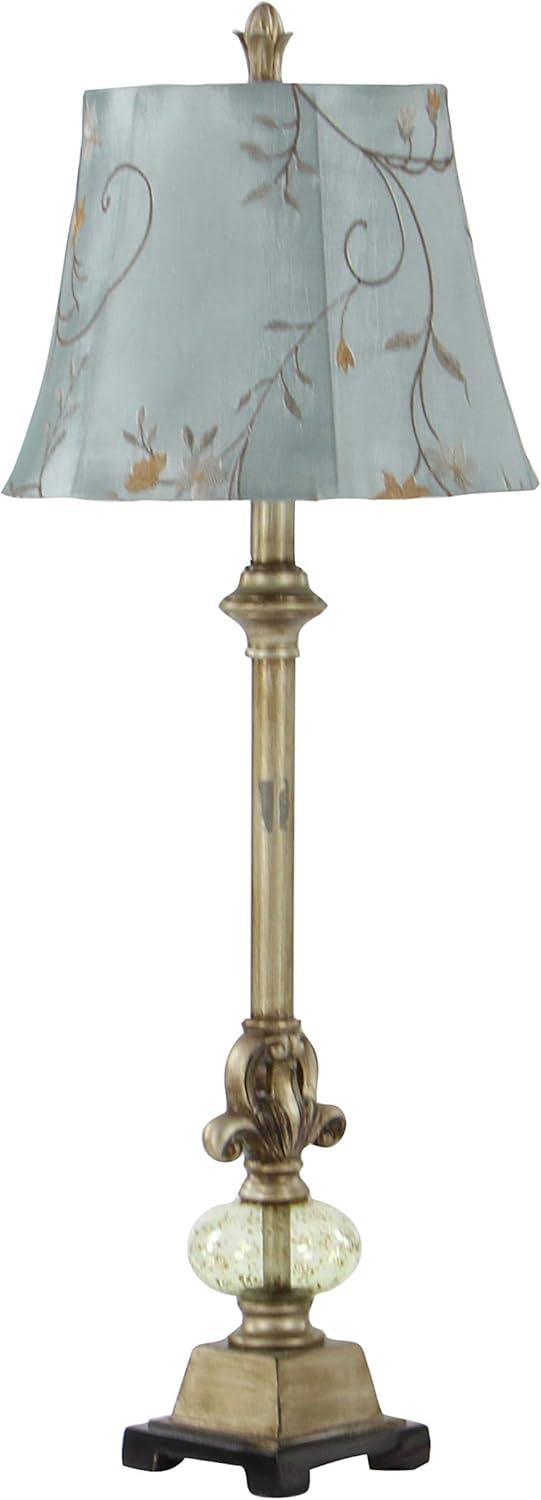 DecMode 32" Antique Style Floral Brass Buffet Lamp with Blue Linen Shade