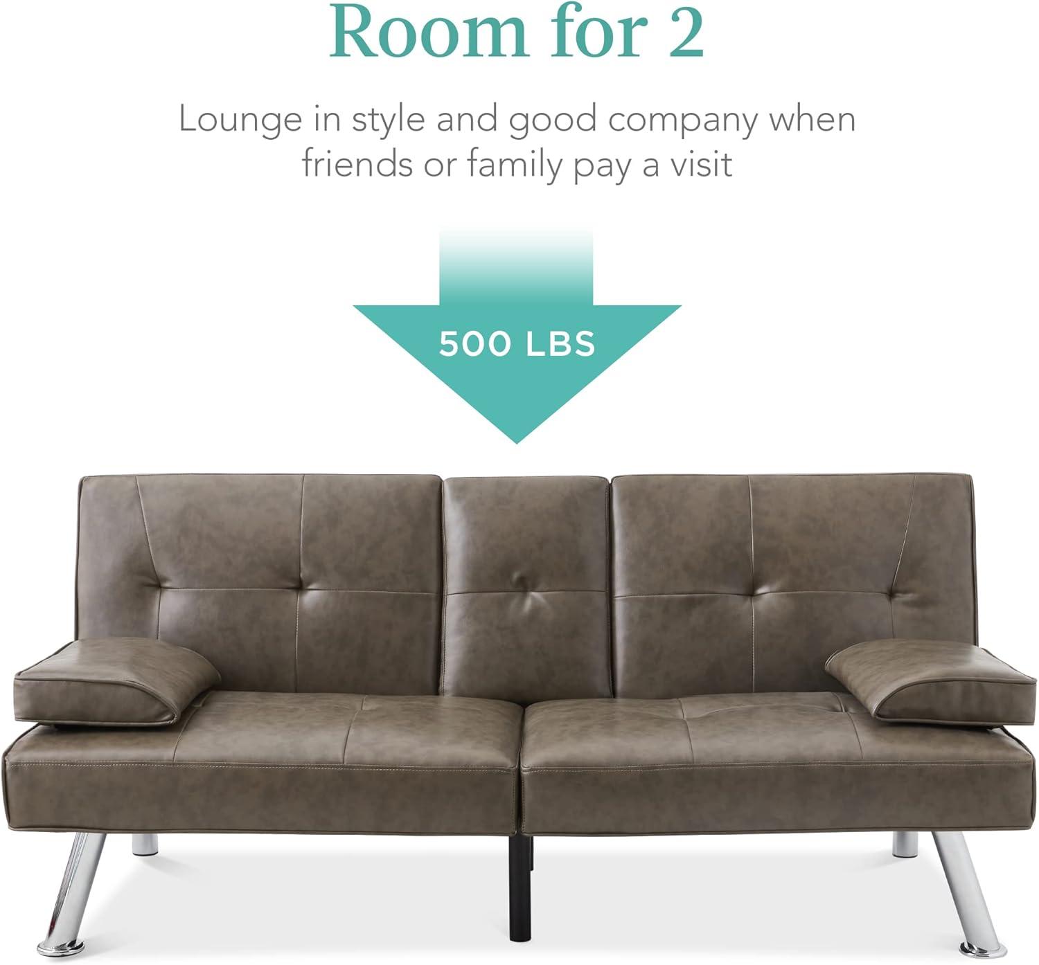 Best Choice Products Modern Faux Leather Convertible Futon Sofa w/ Removable Armrests, 2 Cupholders - Gray