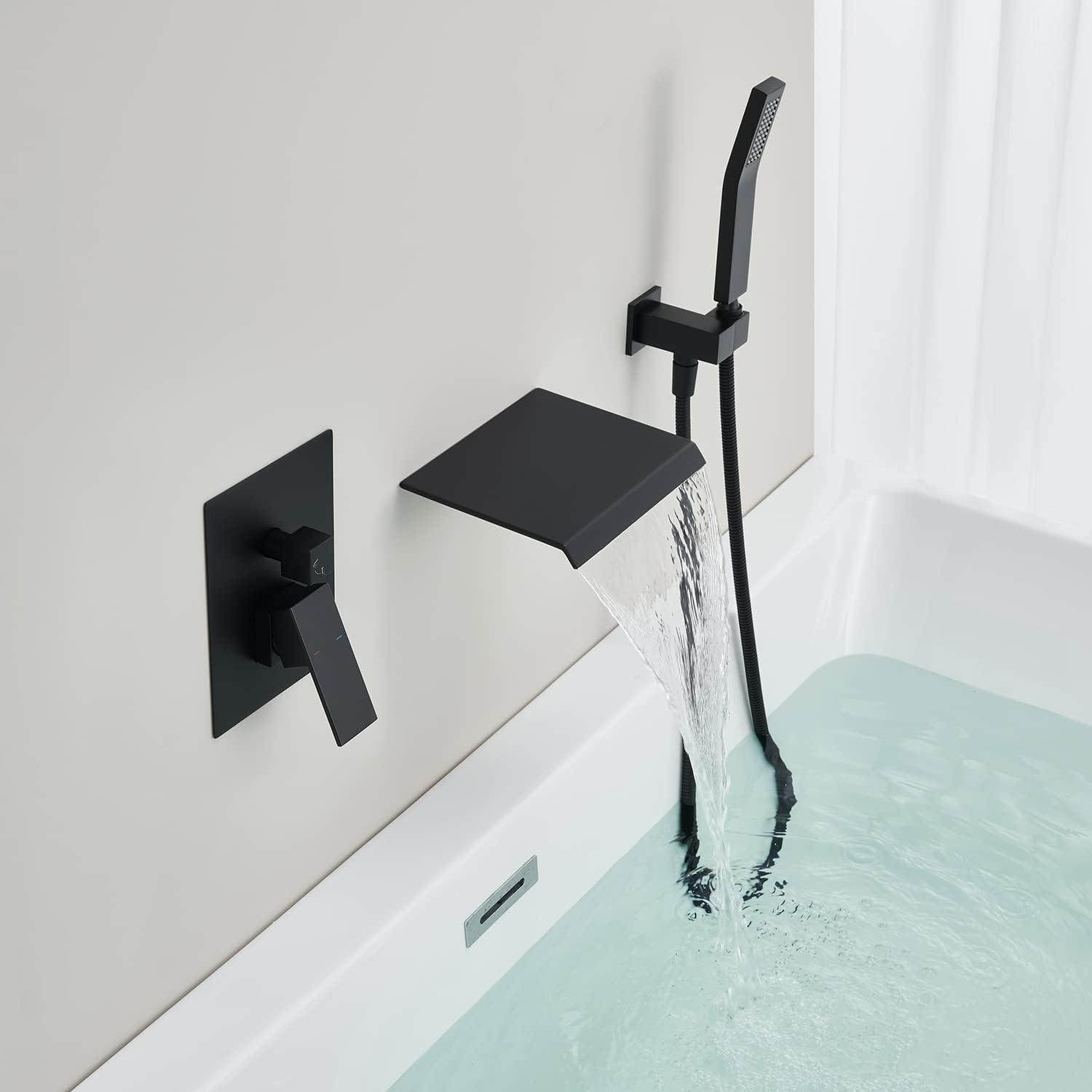 Matte Black Stainless Steel Wall Mount Waterfall Tub Faucet with Hand Shower