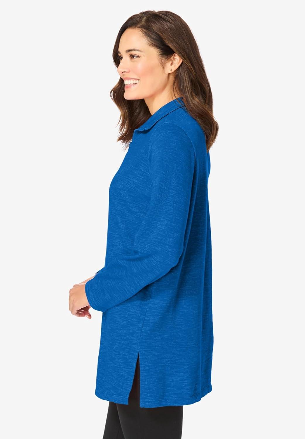 Woman Within Women's Plus Size French Terry Quarter-Zip Sweatshirt - 22/24, Bright Cobalt Marled