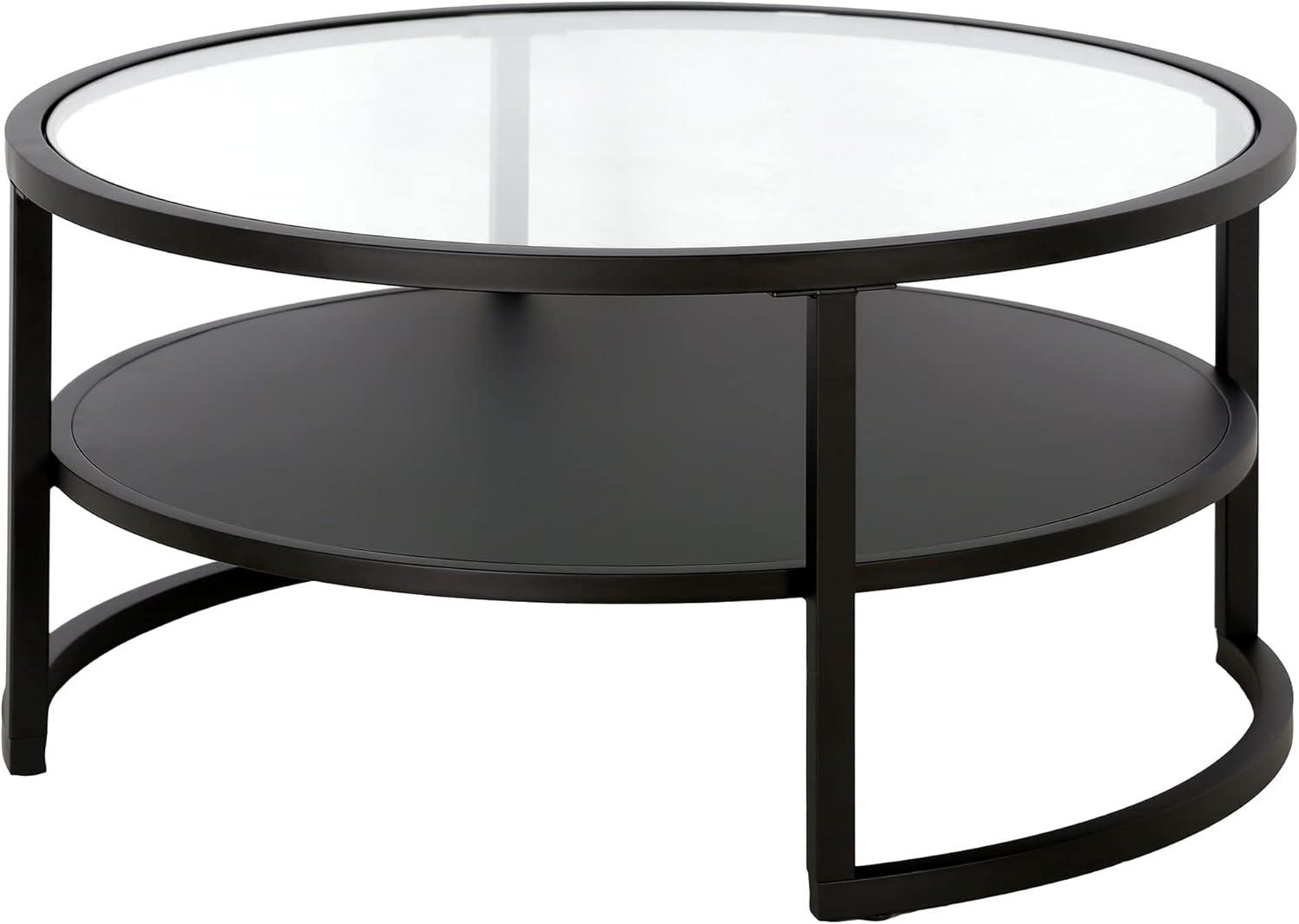 Elegant Industrial Round Coffee Table with Tempered Glass Top and Metal Shelf