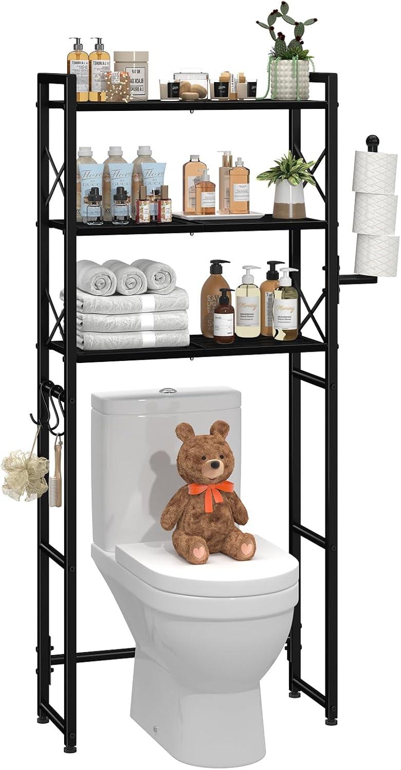 Tangkula Over-the-Toilet Storage 3-Tier Freestanding Bathroom Organizer Shelf w/ 2 Hanging Hooks & Toilet Paper Holder White/Black
