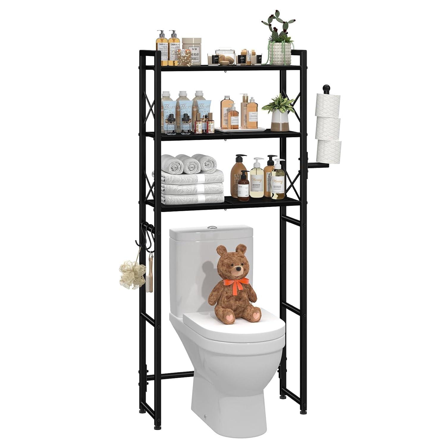 Tangkula Over-the-Toilet Storage 3-Tier Freestanding Bathroom Organizer Shelf w/ 2 Hanging Hooks & Toilet Paper Holder Black