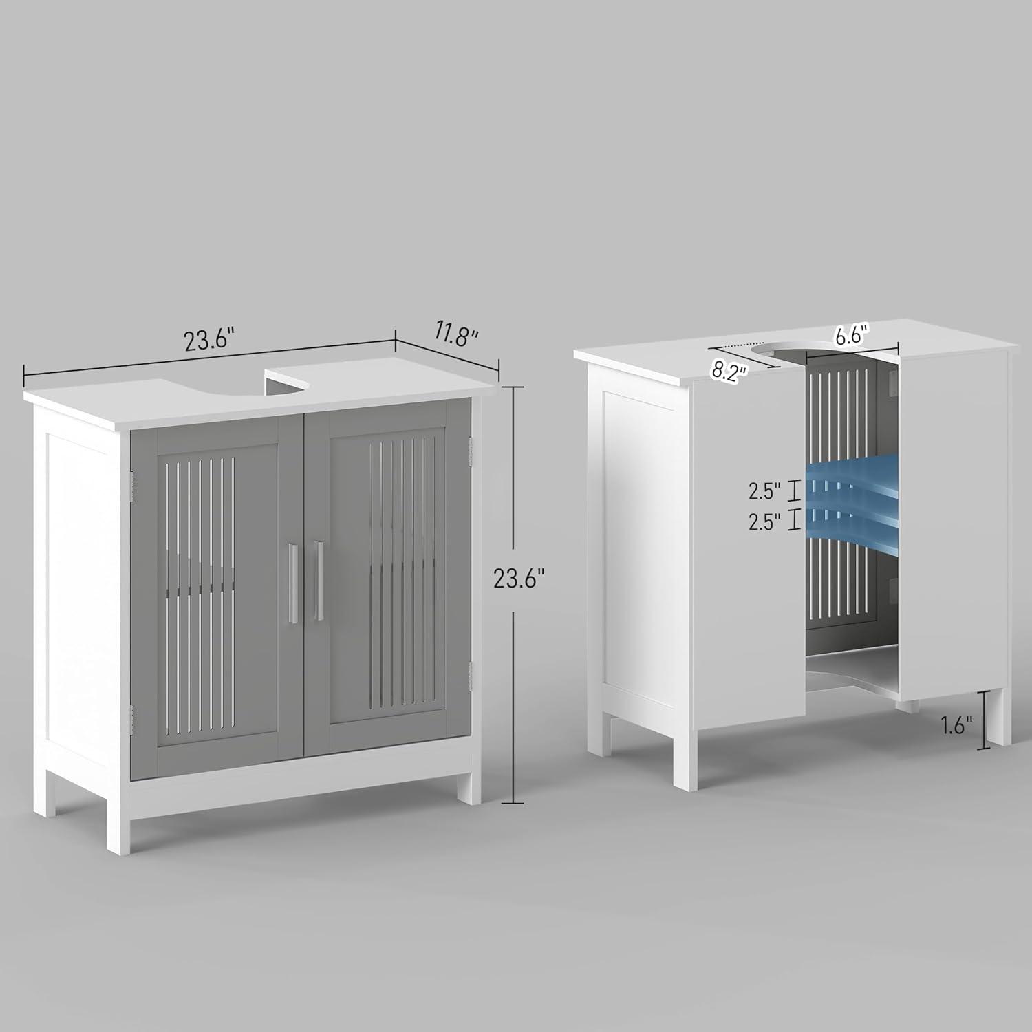 kleankin Modern Under Sink Cabinet with 2 Doors, Pedestal Under Sink Bathroom Cupboard, Bathroom Vanity Cabinet with Adjustable Shelves, Gray and White