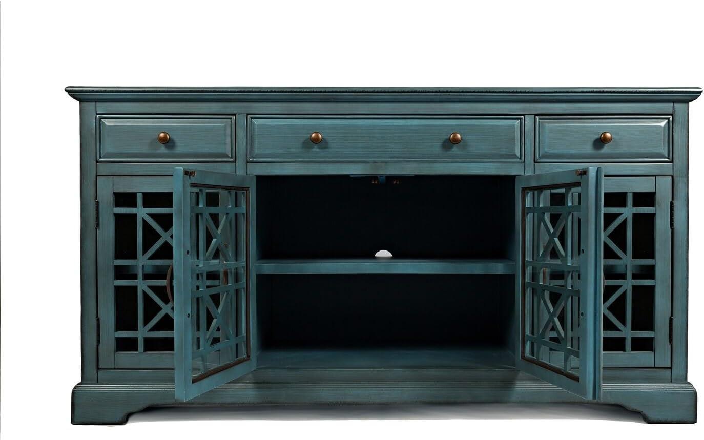 Benzara Koi 60 Inch Acacia Wood TV Media Entertainment Center Console, 4 Glass Doors, Crossed Wood Design, Antique Blue-Finish:Antique Turquoise