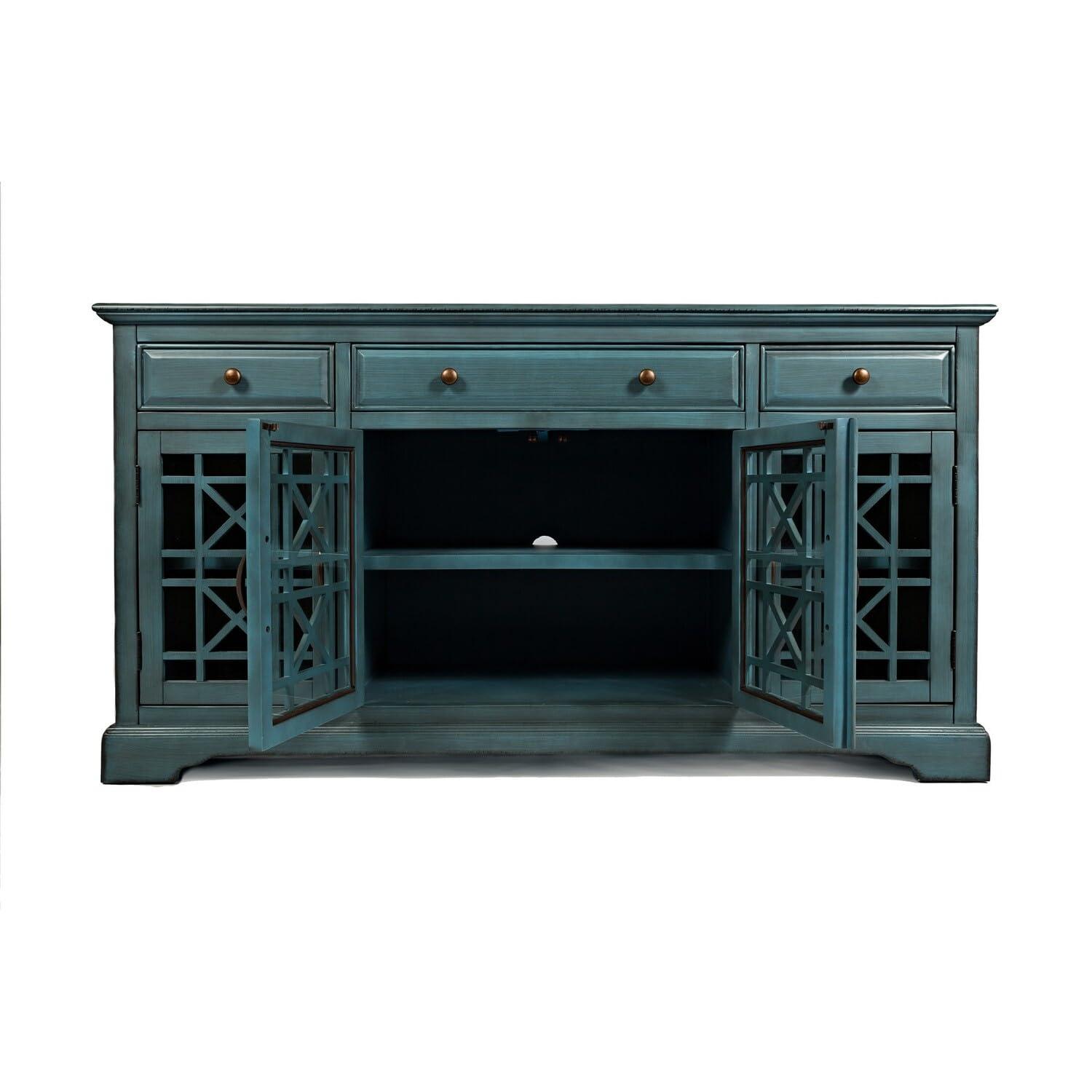 Benzara Koi 60 Inch Acacia Wood TV Media Entertainment Center Console, 4 Glass Doors, Crossed Wood Design, Antique Blue-Finish:Antique Turquoise