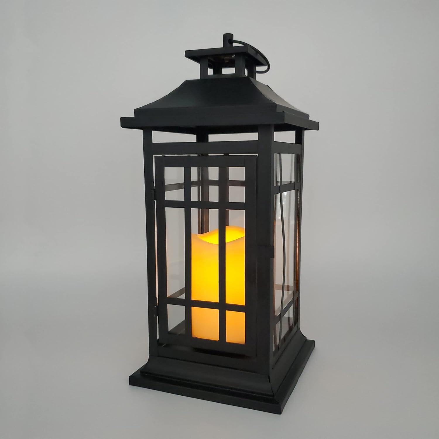 LumaBase Battery Operated Metal Lantern with LED Candle - Black Window (14 inches)