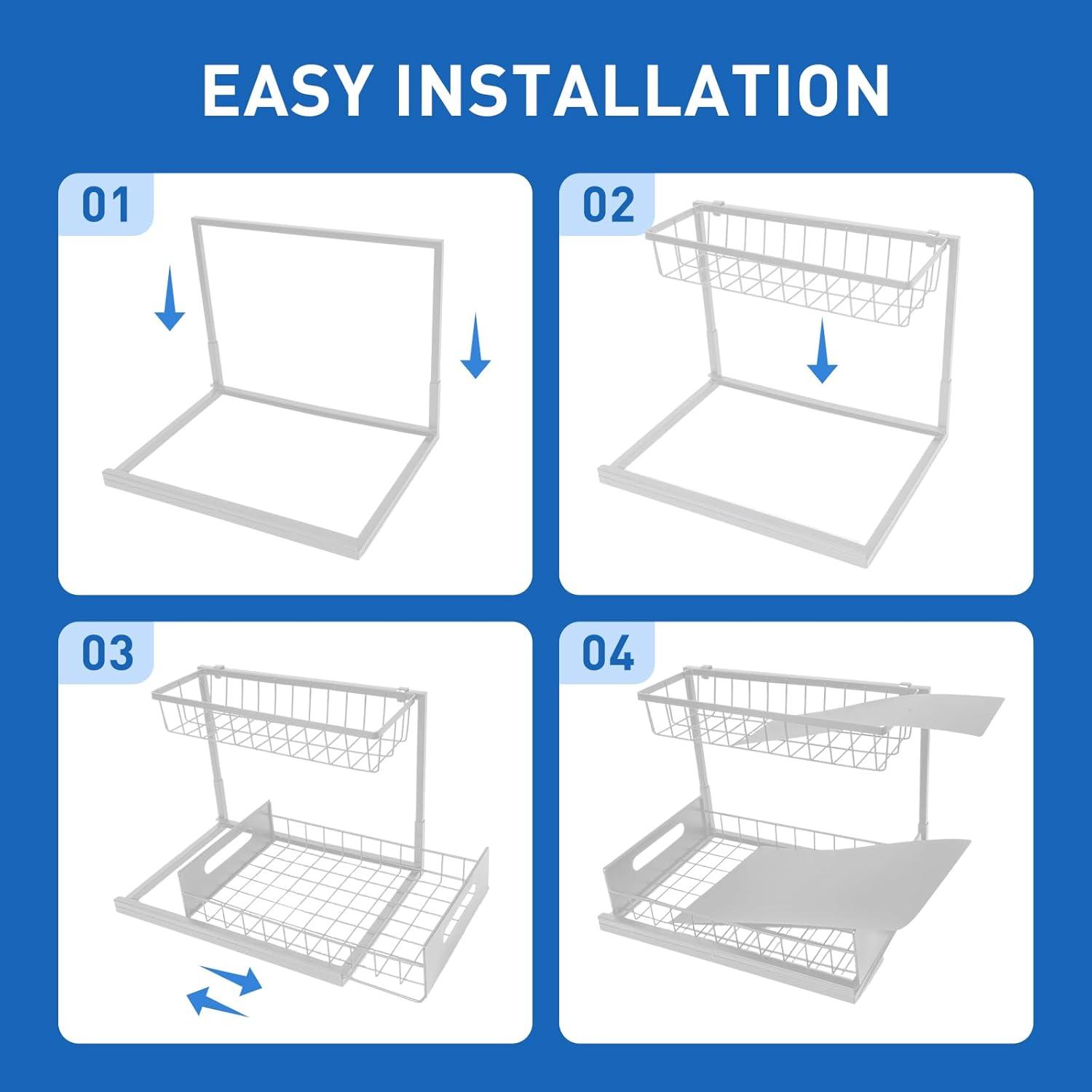 Sink Organizer, 2 Pack 2 Tier Sink Organizer and Storage, Slide-Out Pull-Out Cabinet Organizer, Sliding Metal Drawer for Home Kitchen, Bathroom, Pantry