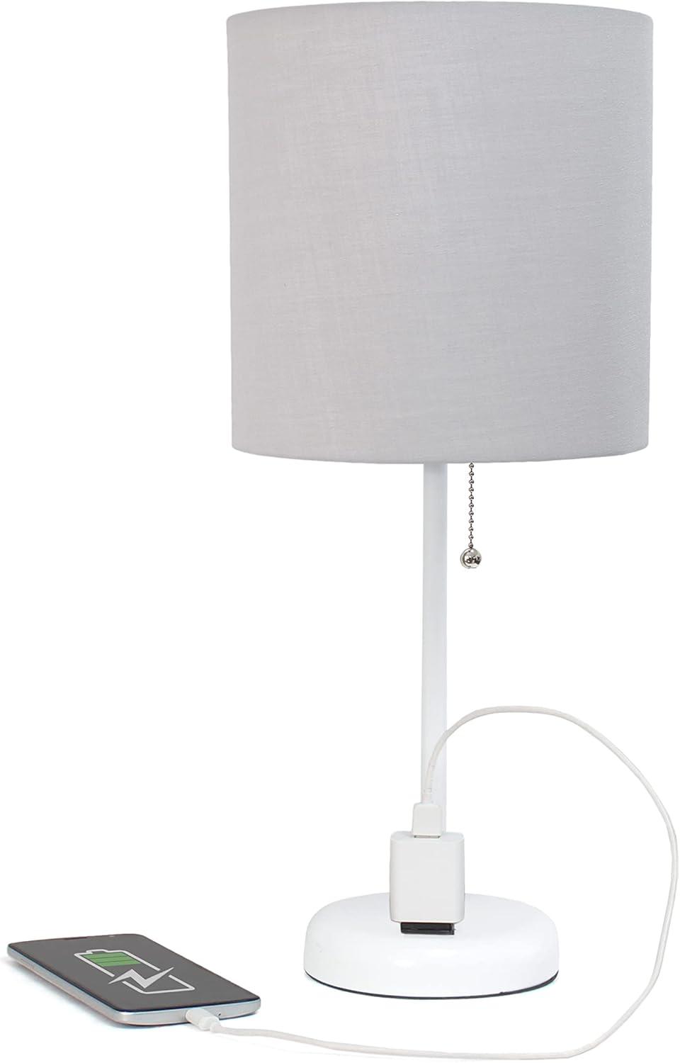 LimeLights White Stick Lamp with Charging Outlet and Fabric Shade, Gray