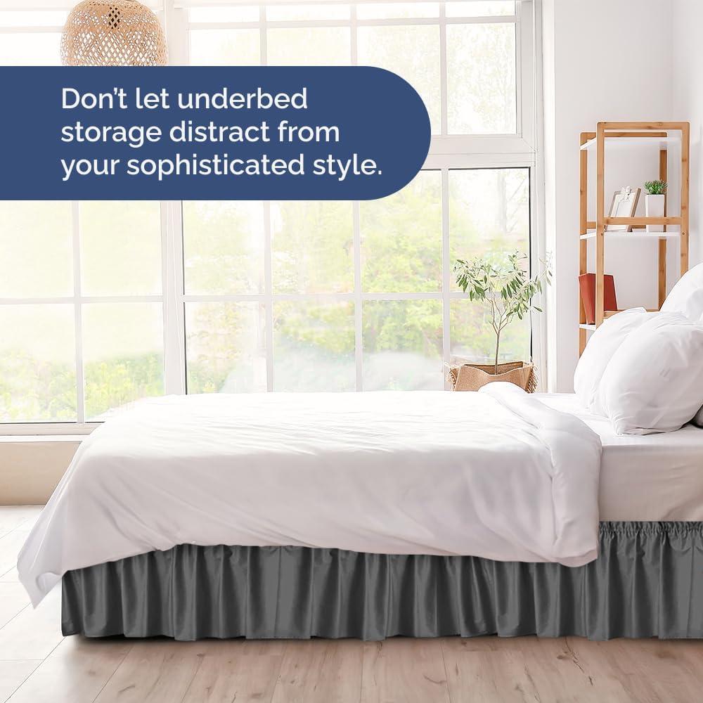 CGK Linens Elastic Wrap-Around Dust Ruffled Bed Skirt - Easy Fit with Pleated 15" Drop in Dark Grey, Size Twin