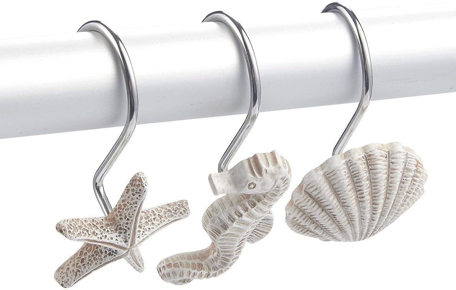 12-Pack of Beach-Themed Shower Curtain Stainless Steel Hooks, Decorative Seashell Coastal Shower Hooks for Bathroom Decor with Seahorses, Starfish, and Seashells