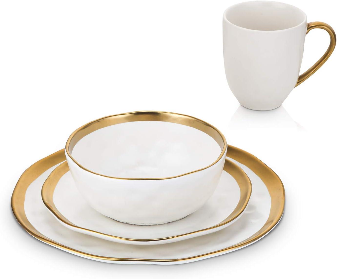 White and Gold Porcelain 16-Piece Dinnerware Set for 4