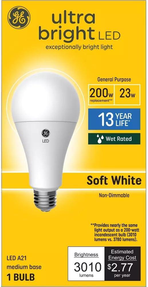 GE 200W Ultra Bright A21 LED Light Bulb Soft White: Energy Star Certified, 3010 Lumens, 13.7-Year Life, E26 Base