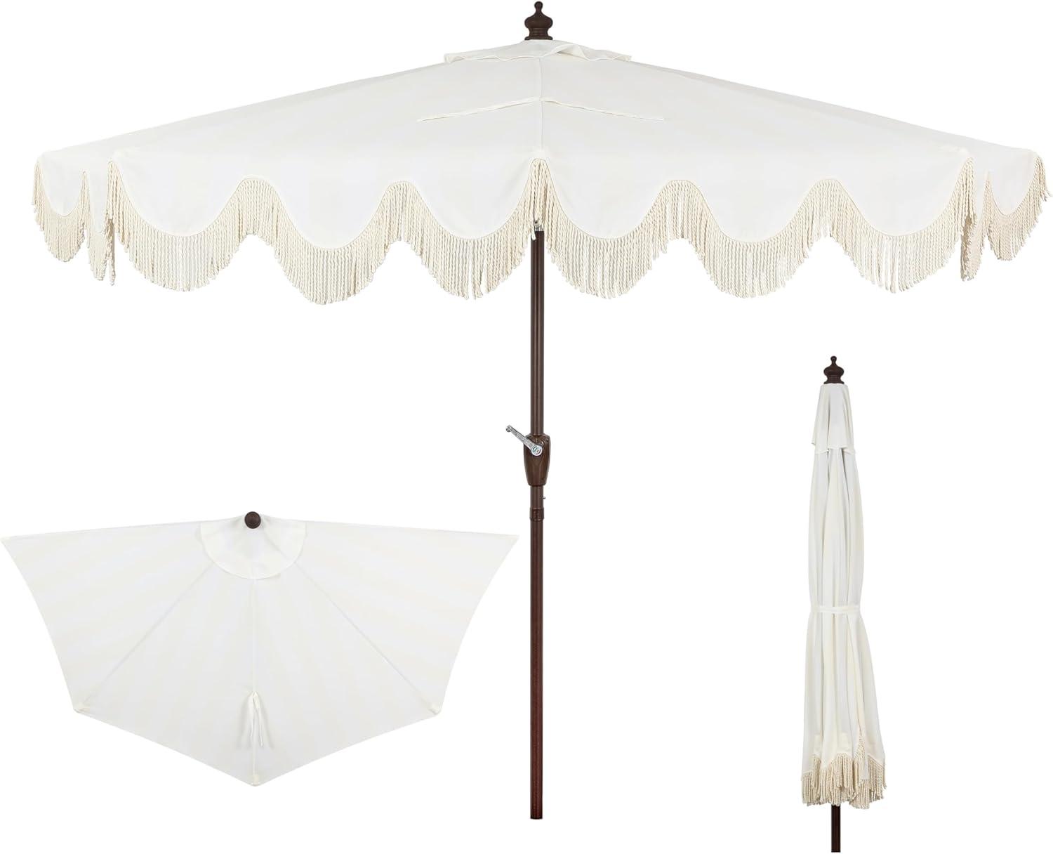 JONATHAN Y Beverly 9 ft. Designer Classic Scalloped Fringe Half Market Patio Umbrella with Crank, Push Button Tilt and UV Protection