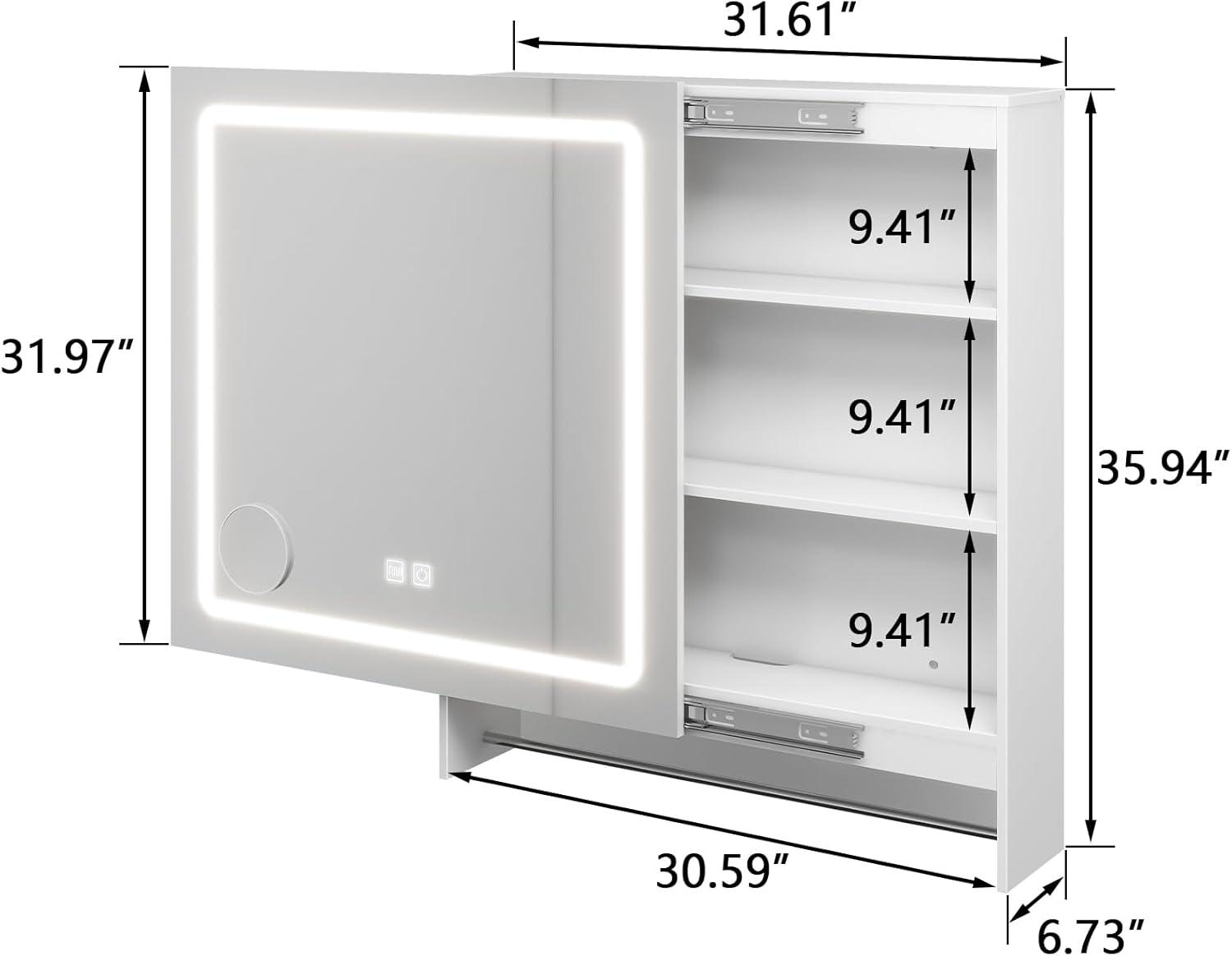 Vabches LED Bathroom Mirror with Lights 32"x 36", Anti-Fog LED Vanity Mirror, Bathroom Cabinet Wall Mounted, Stepless Dimmable Lighted Mirrors for Bathroom Wall, White