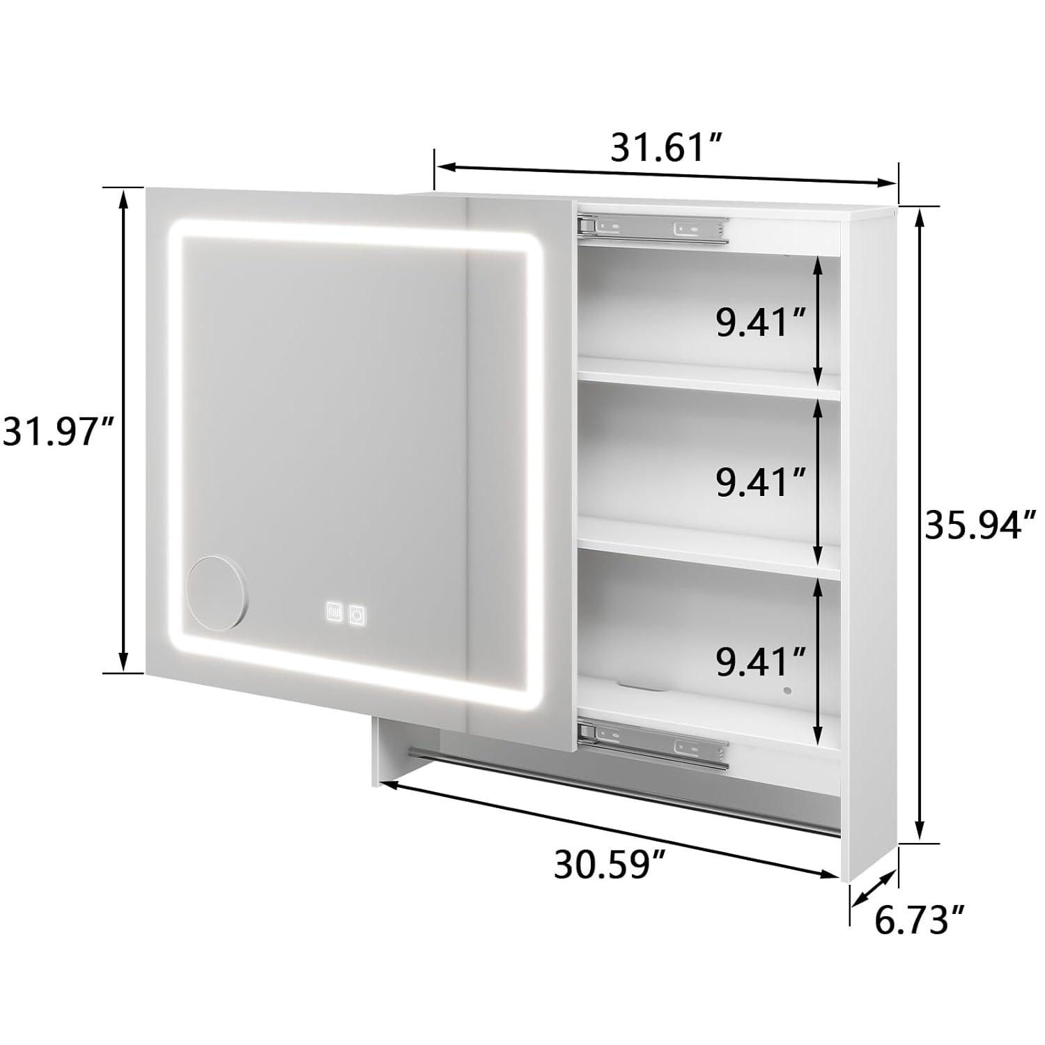 Vabches LED Bathroom Mirror with Lights 32"x 36", Anti-Fog LED Vanity Mirror, Bathroom Cabinet Wall Mounted, Stepless Dimmable Lighted Mirrors for Bathroom Wall, White