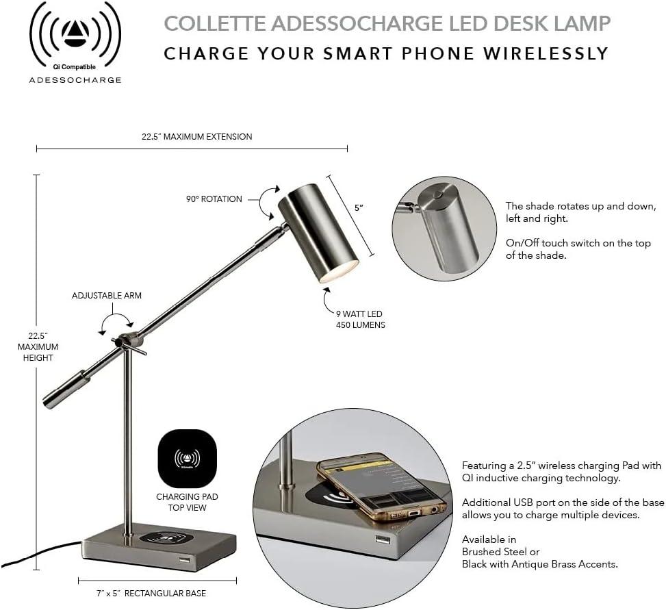 Flemings Brushed Steel Adjustable LED Desk Lamp with USB & Qi Charging