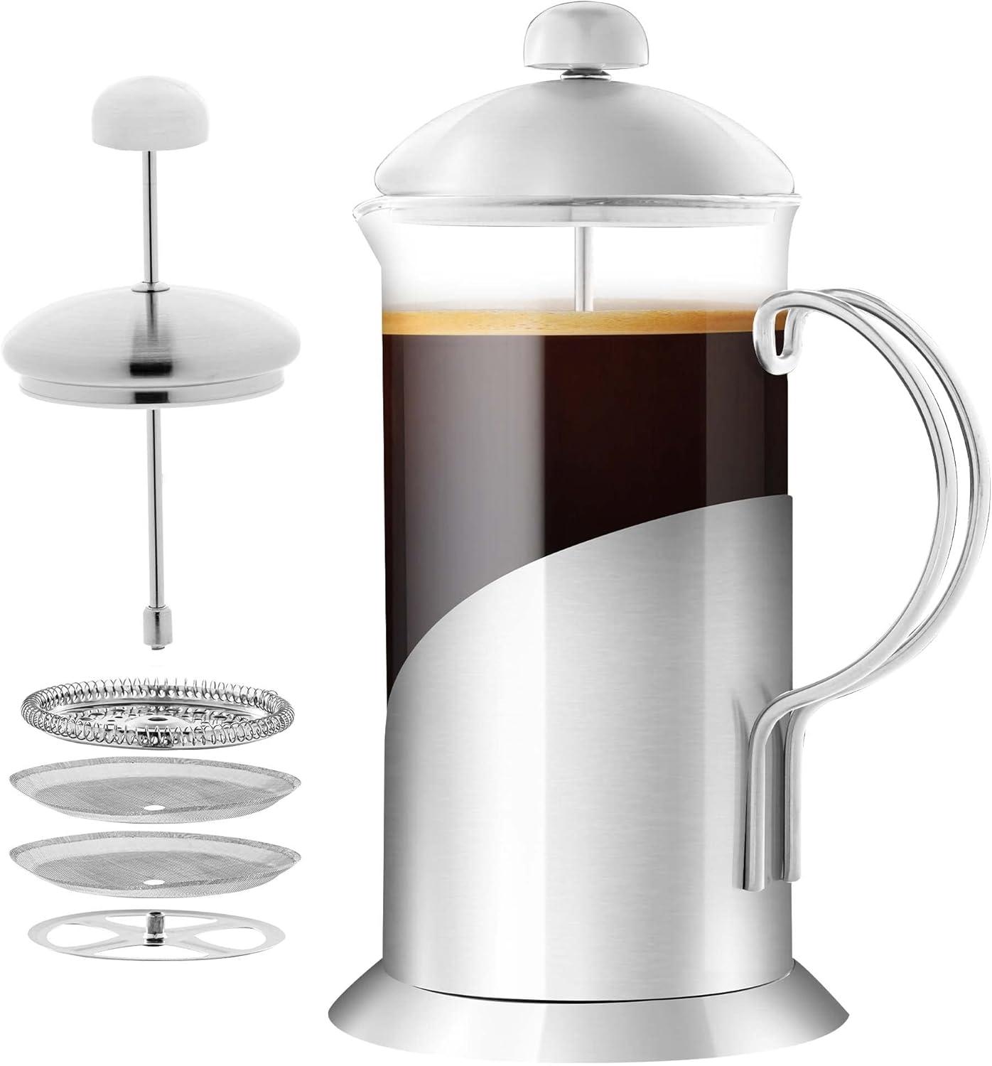 OVENTE French Press Coffee Maker, 4 Level Stainless Steel Filter System, Borosilicate Heat Resistant Glass Carafe with Free Measuring Scoop, Silver