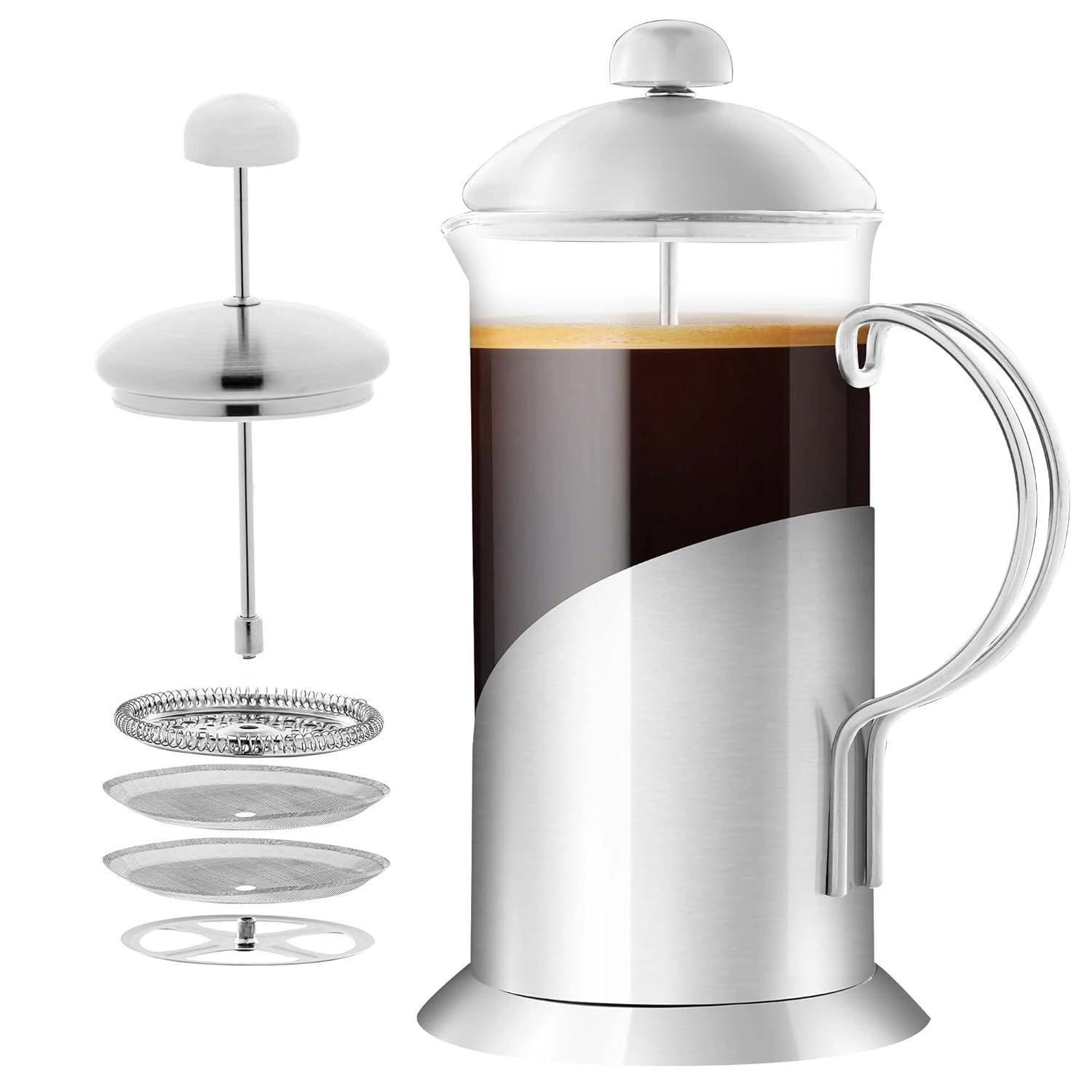 OVENTE French Press Coffee Maker, 4 Level Stainless Steel Filter System, Borosilicate Heat Resistant Glass Carafe with Free Measuring Scoop, Silver