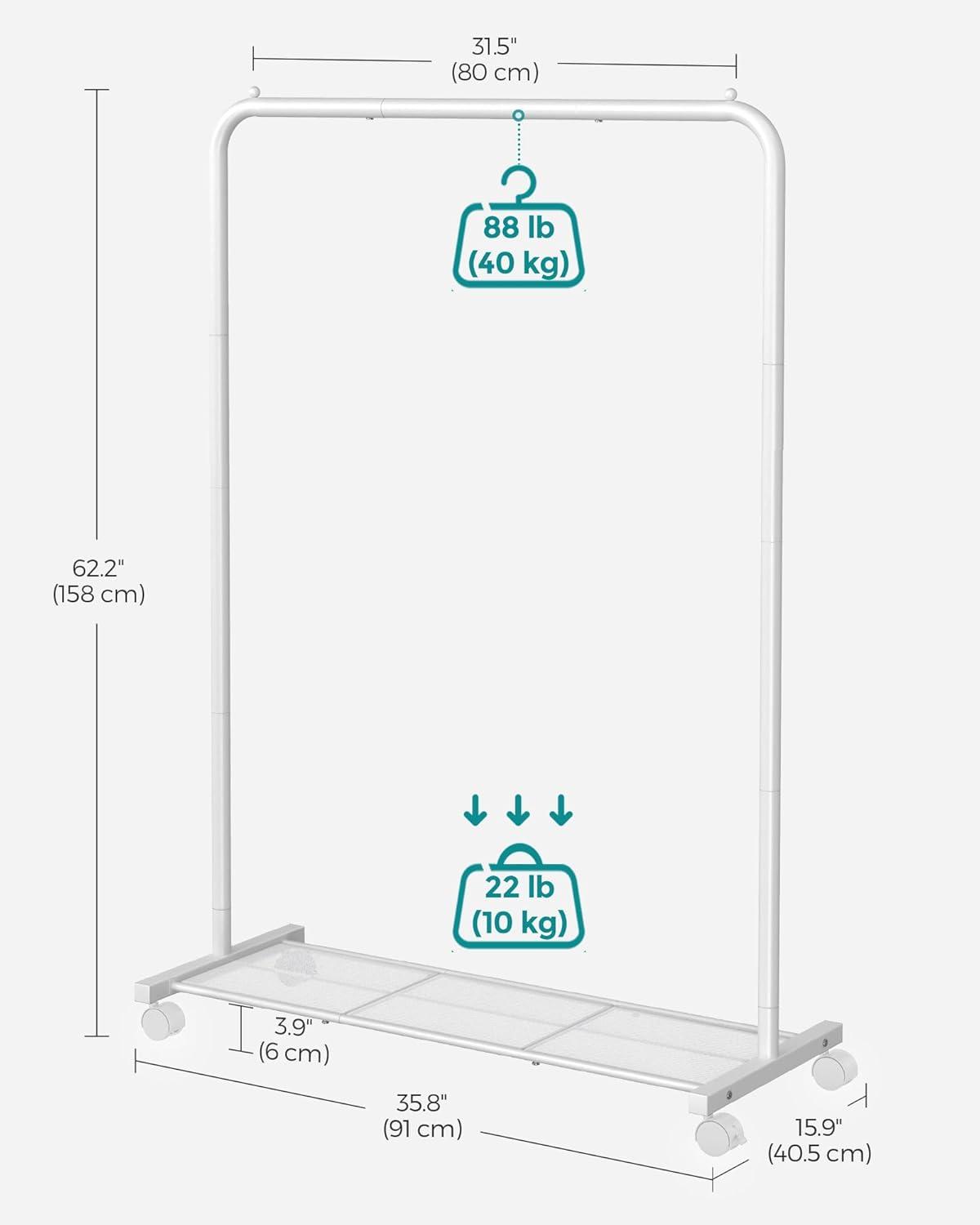 White Metal Freestanding Clothes Rack with Mesh Shelf and Wheels