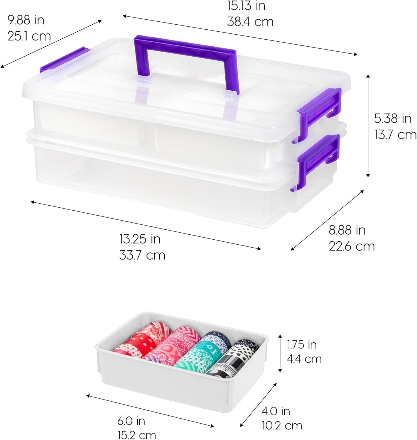 IRIS USA 9.4 Qt 2 Layer Stack and Carry Storage Containers with Bulked-Up Lid and 4 Removable Dividers, Clear/Violet