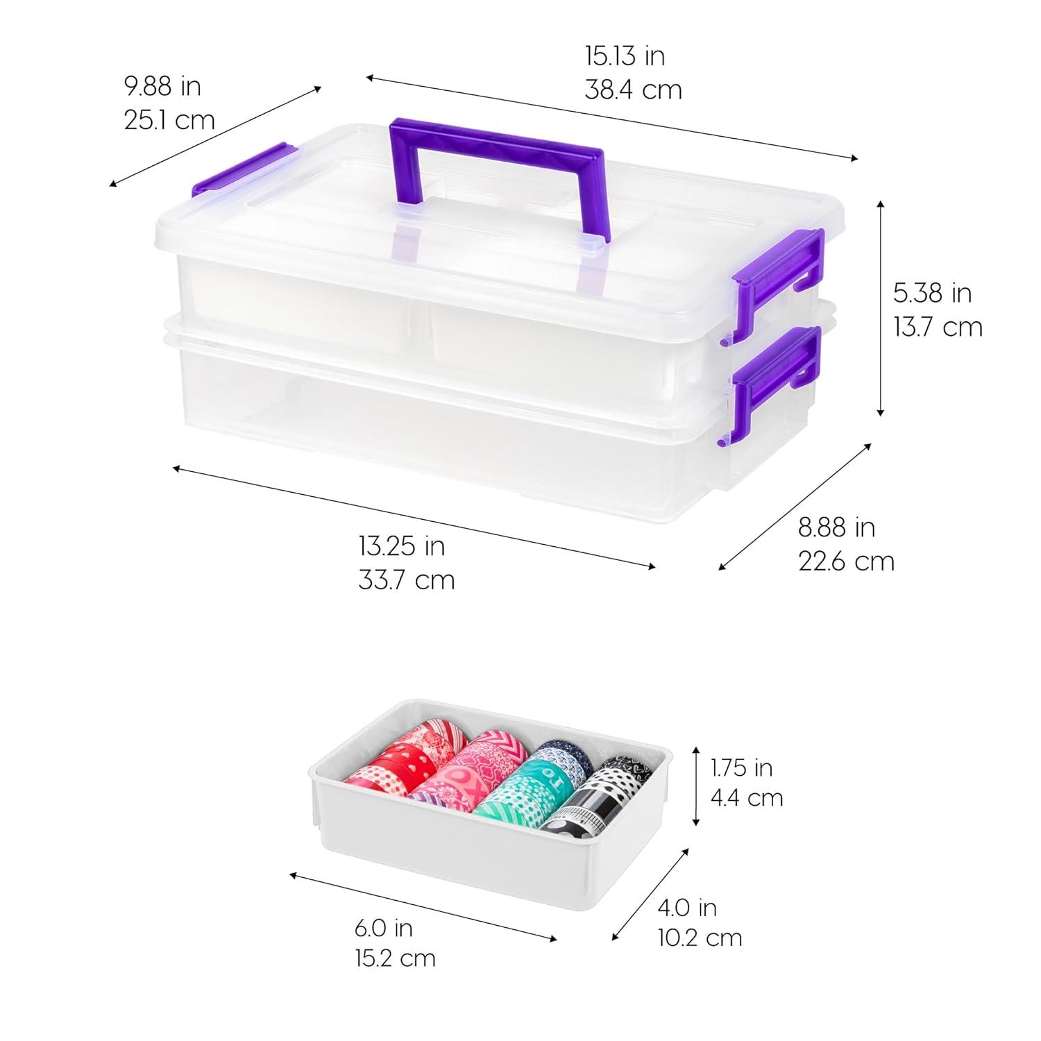 IRIS USA 9.4 Qt 2 Layer Stack and Carry Storage Containers with Bulked-Up Lid and 4 Removable Dividers, Clear/Violet