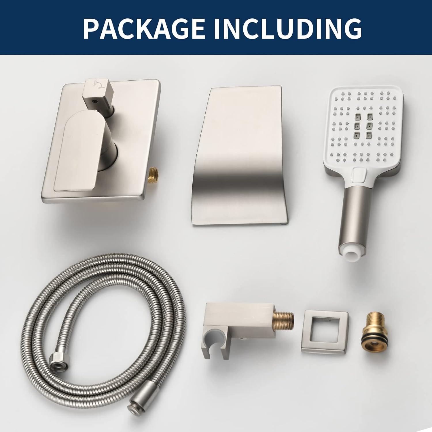 Tub Filler Faucet with Hand Shower Bath Tub Faucets with Rough-in Valve Trim Kit Wall Mounted Waterfall Bathtub Faucets Brushed Nickel