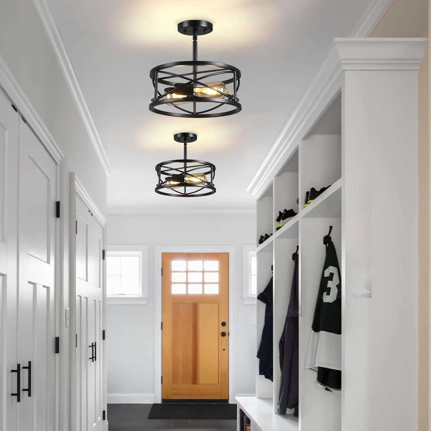 Black Metal Cage Farmhouse Drum Ceiling Light, 11.8 Inches