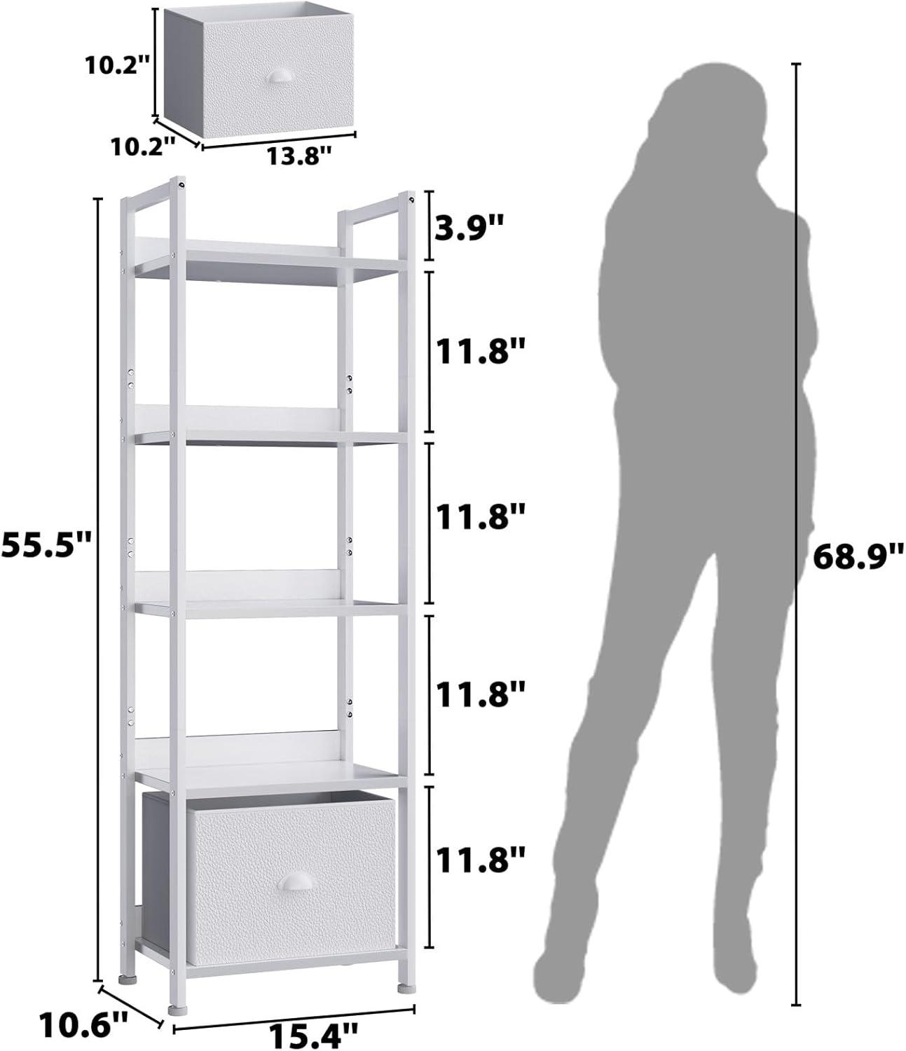 5 Tier Bookshelf with Drawer, Tall Narrow Bookcase with Shelves, Wood and Metal Book Shelf Storage Organizer, Industrial Display Standing Shelf Unit for Bedroom, Living Room, Rustic Brown