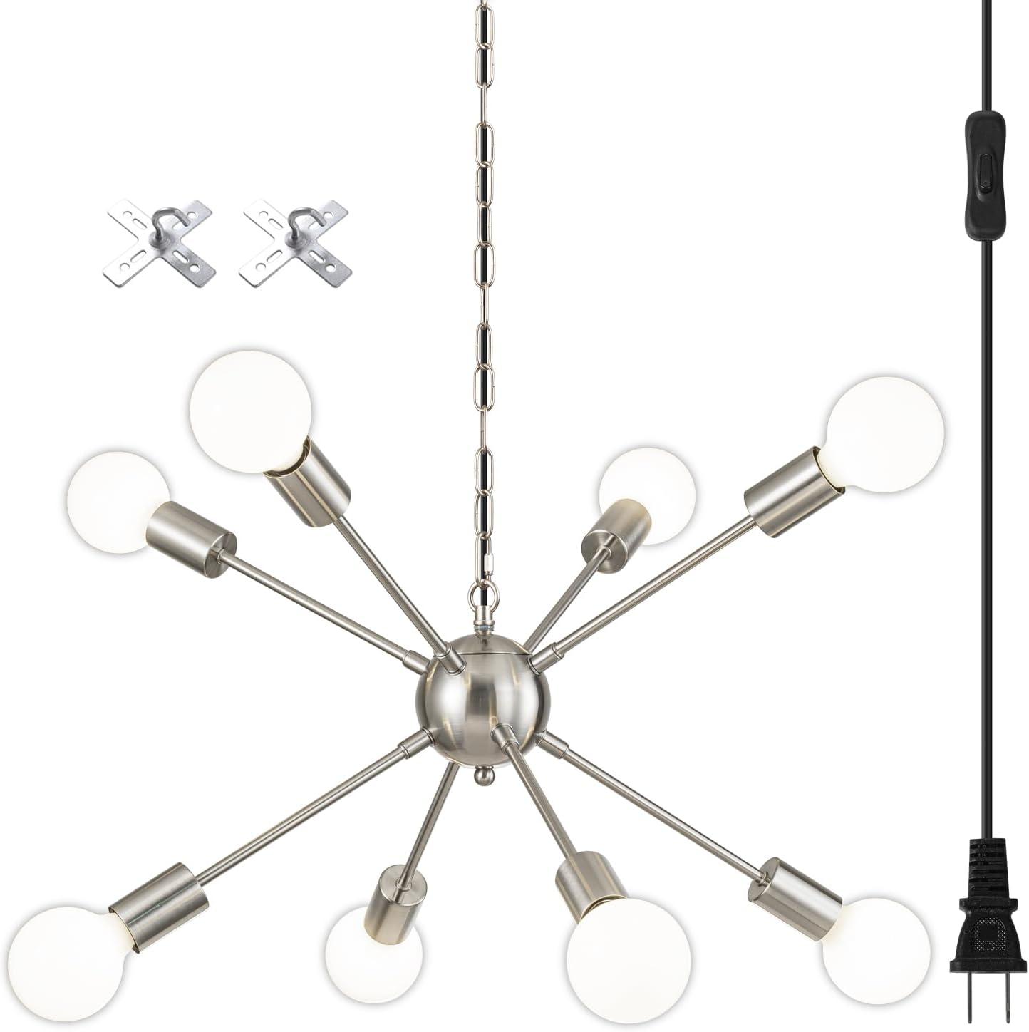 Sputnik Chandelier 8 Lights Brushed Nickel Modern Pendant Lighting Mid Century Flush Mount Ceiling Light Fixture Adjustable Height for Kitchen Dining Room Living Room Bedroom Foyer