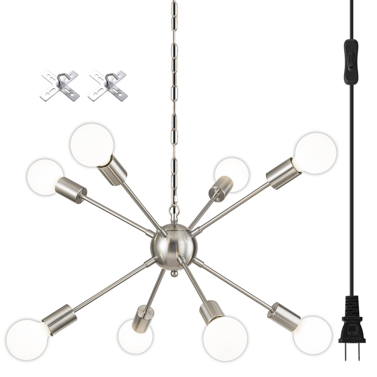 Sputnik Chandelier 8 Lights Brushed Nickel Modern Pendant Lighting Mid Century Flush Mount Ceiling Light Fixture Adjustable Height for Kitchen Dining Room Living Room Bedroom Foyer