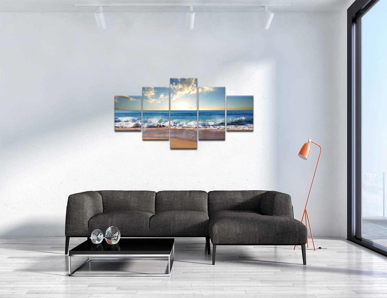 Yatsen Bridge Modern Landscape Painting on Canvas 5 Piece, Beach Ocean Pictures Wall Art for Living Room Home Decor Wooden Framed Stretched Ready to Hang (60" W x 32" H)
