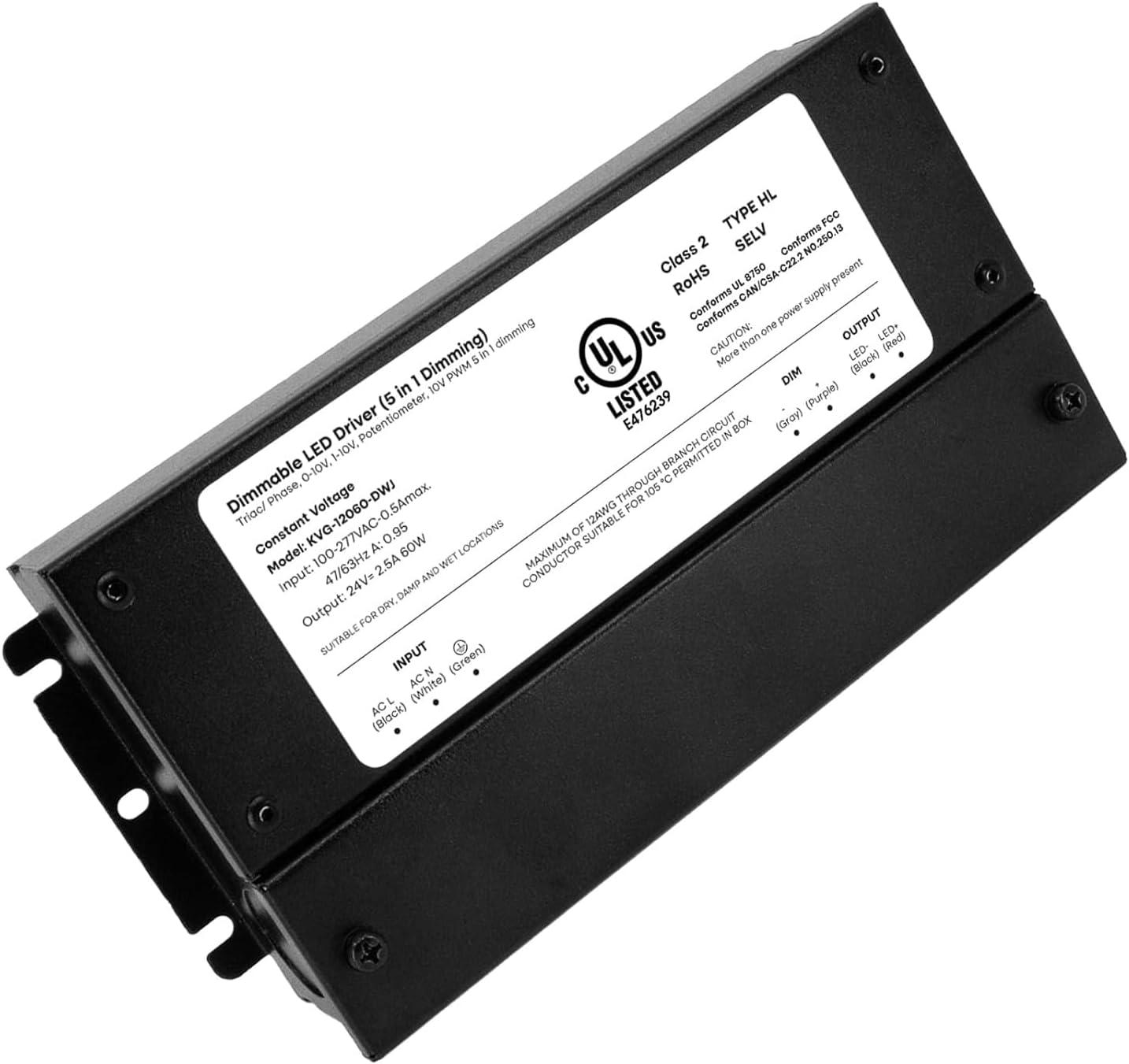 60W Dimmable LED Driver 24V, AC to DC Triac Dimmable Transformer Power Supply, Dimming LED Driver, Compatible with lutron and leviton Dimmer, TRIAC/Phase/0-10V /1-10V/Potentiometer/10V PWM UL Listed