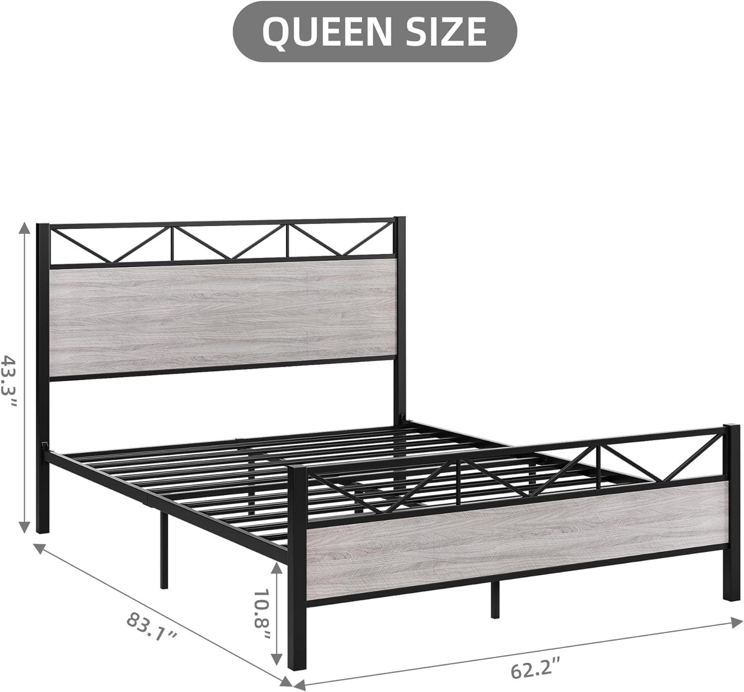 FOLDLIFE Queen Size Bed Frame with Headboard, Sturdy Platform Bed with 14 Metal Slats, 11'' Under-Bed Storage, Noise-Free Design