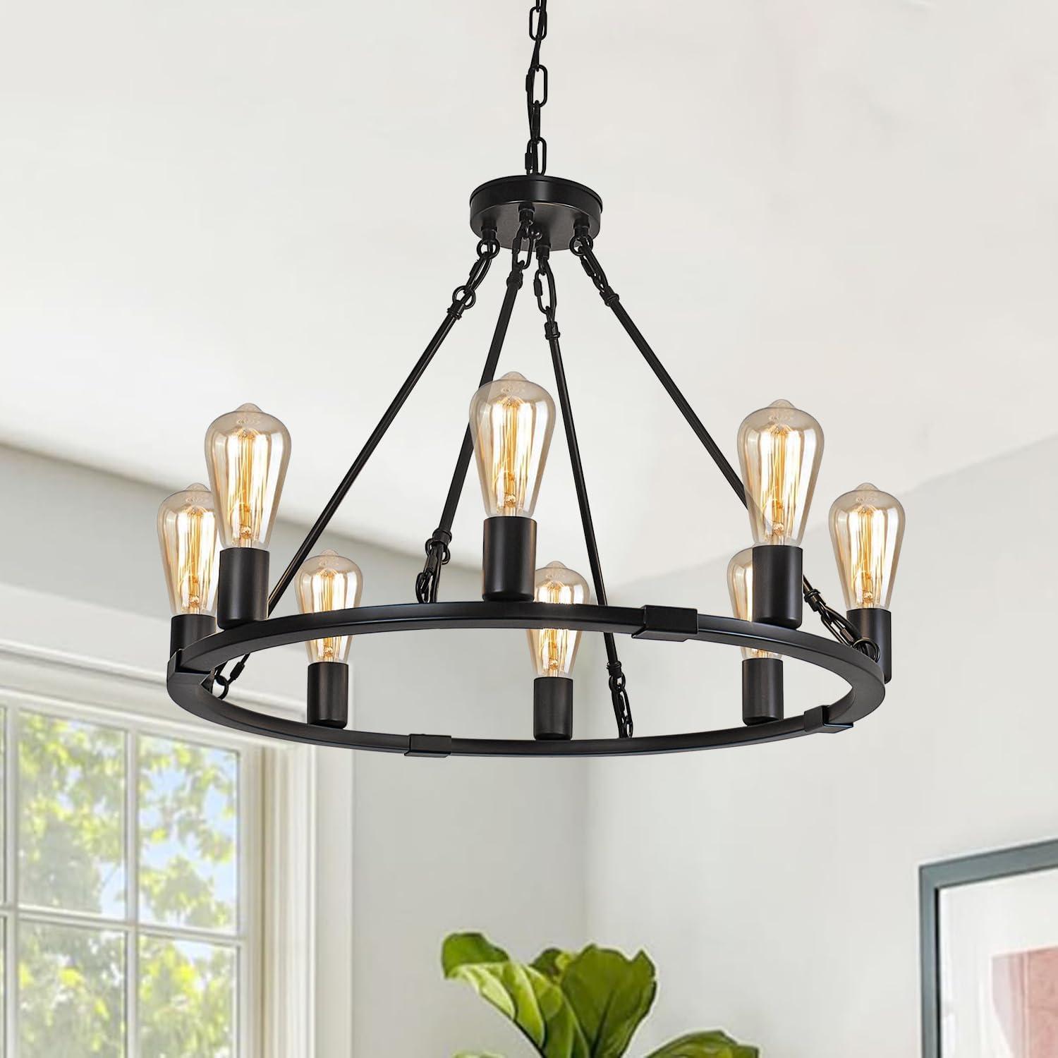 Black Metal 8-Light Wagon Wheel Chandelier