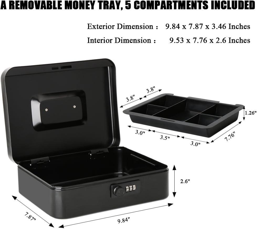 KYODOLED Large Cash Box with Combination Lock Safe Metal Money Box with Money Tray for Security Lock Box 9.84"x 7.87"x 3.54" Black