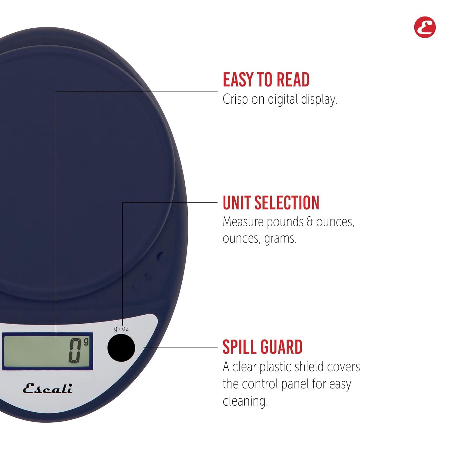 Escali Primo Digital Kitchen Scale Blue: LCD Display, 11 lb Capacity, Automatic Shut-Off, Metric Conversion