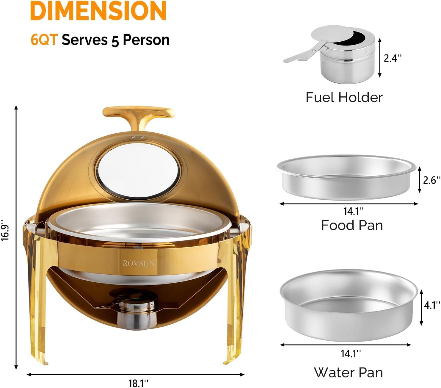 6 QT Gold Roll Top Round Chafing Dish Buffet Set with Glass Window
