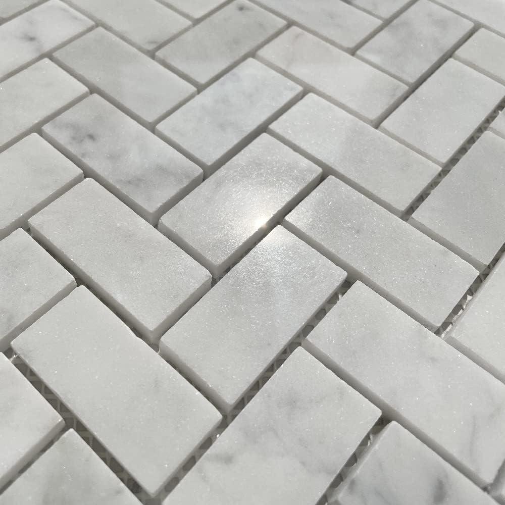 Carrara White Marble Herringbone Mosaic Tile Sheet